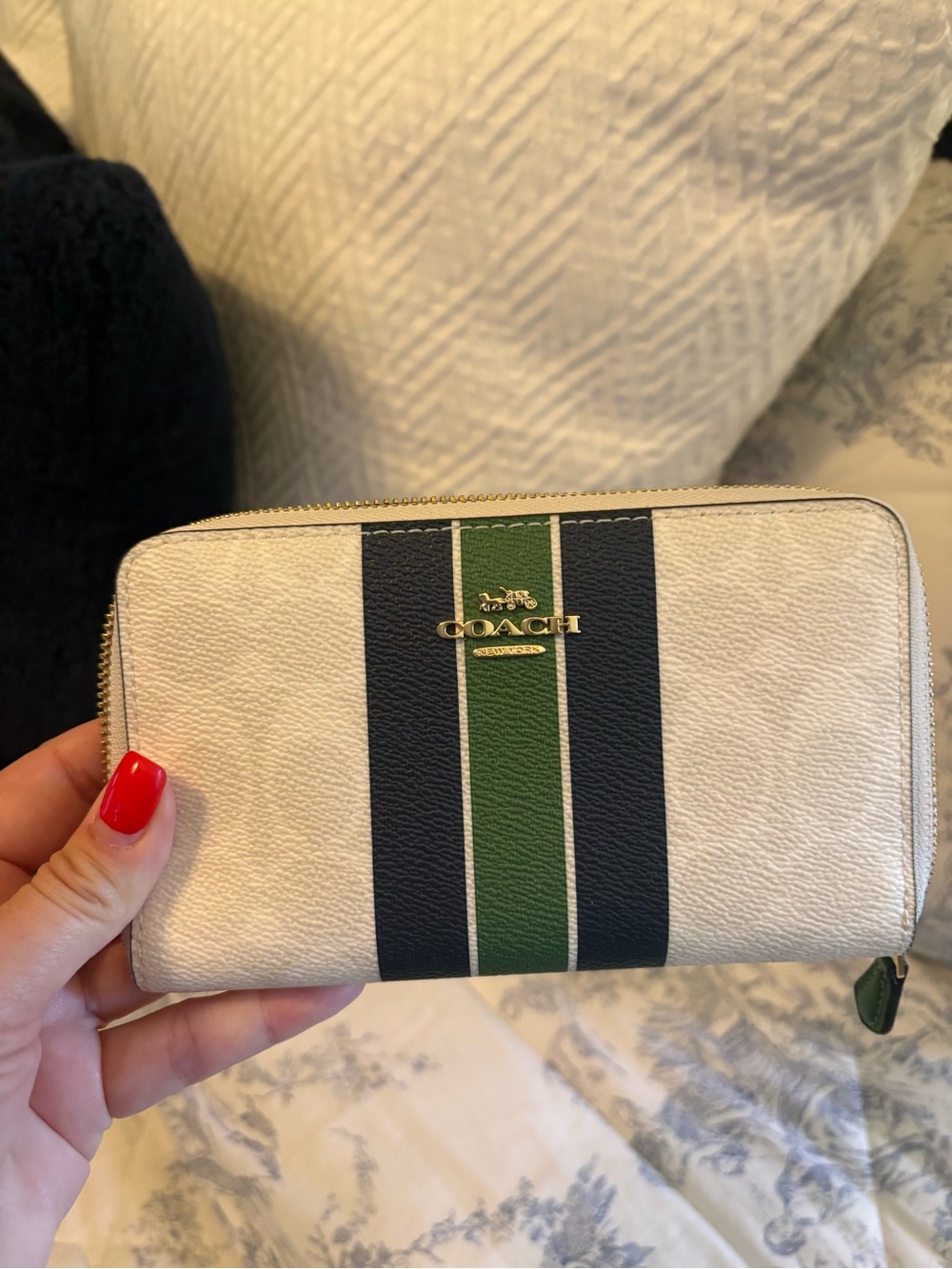 Authentic Coach white wallet  with Green and Navy Stripe Detail